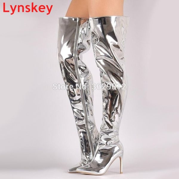 

over the knee high boots gold silver stiletto heel fashion boots high heels pointed toe shoes woman, Black