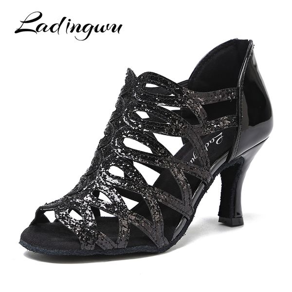 

ladingwu women's dance dance rhombus hollow design boots latin shoes salsa woman party ballroom shoes balck glitter