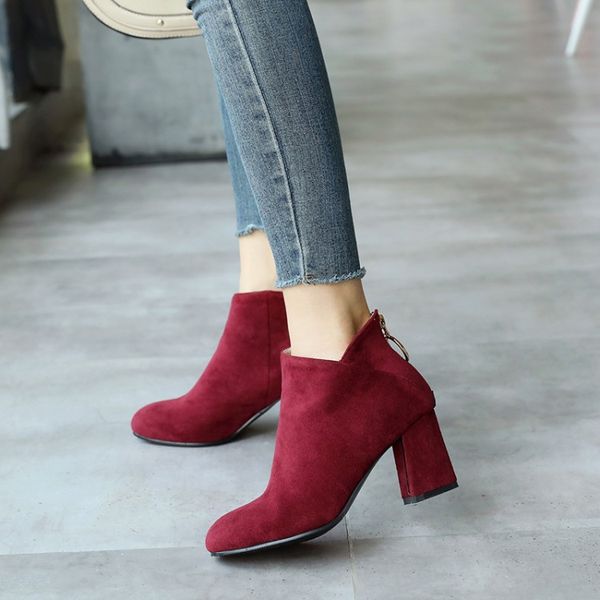 

2018 eur 34-45 big size suede ladies apricot black block high heel bootie shoes autumn footwear zipper ankle boots women
