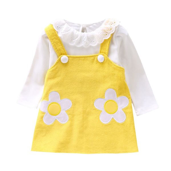 

baby girl clothes 1-6t toddler children lovely cartoon floral printed long sleeve t-shirt round collar casual +bib skirt, White