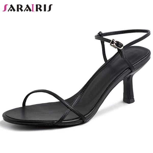 

sarairis open toe solid back strap thin heel sandals women casual party dress sandals ladies genuine leather shoes, Black