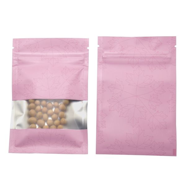 

100pcs matte pink color vacuum food packaging aluminum bag reclosable zipper bag with clear window coffee tea candy package mylar pouches