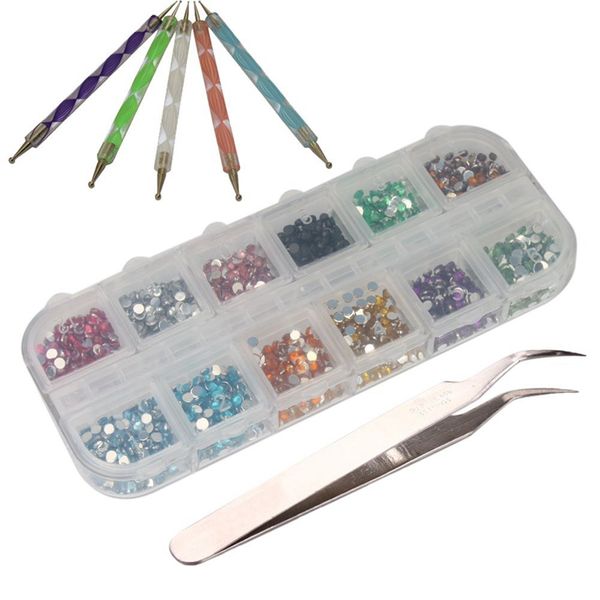 

3000x2mm 12 colors of nail art glitter rhinestone tips+5 Ã 2-way marble vein dotted pen + tweezers