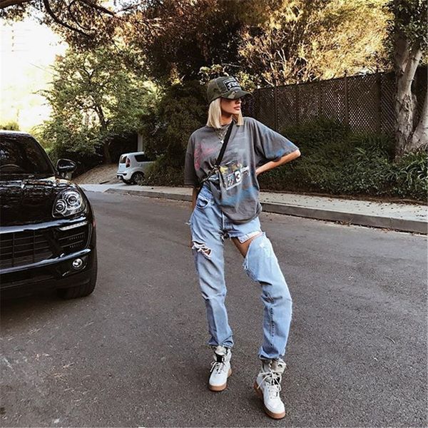 

women 2019 fashion street shoot irregular hole high waist casual jeans women, Black;white