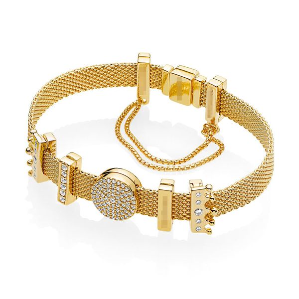 

finished 925 sterling silver pandora style modern mesh reflexions bracelet with charms beads -gold plated, Golden;silver