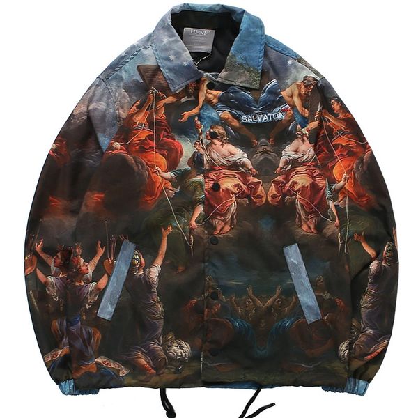 

vintage pattern full printed jacket men hip hop streetwear track coaches jackets windbreaker sports casual rapper rock jacket, Black;brown