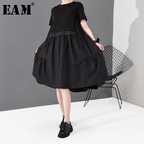 

eam] women black pleated split joint temperament dress new round neck short sleeve loose fit fashion spring summer 2020 1s778, Black;gray