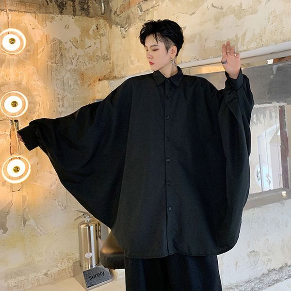 

men bat long sleeve oversize loose casual shirt male streetwear hip hop gothic black white shirts cape cloak stage show costumes, White;black