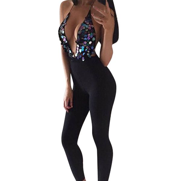 

feitong fashion women jumpsuit v neck sequin blackless skinny playsuit party clubwear jumpsuit overalls combinaison femme, Black;white