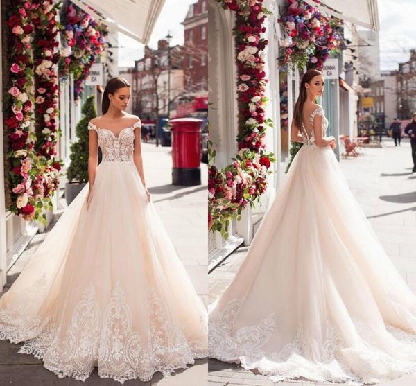 

2019 light champagne блокированного рукава кружева свадебные платья off плечи кружева аппликации свадебные платья sheer назад с помощью кноп, White