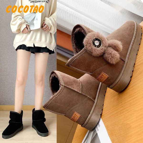 

snow boots female 2019 fashion wild fur ball bread shoes boots cute pendant slip warm flat snow cotton shoes, Black