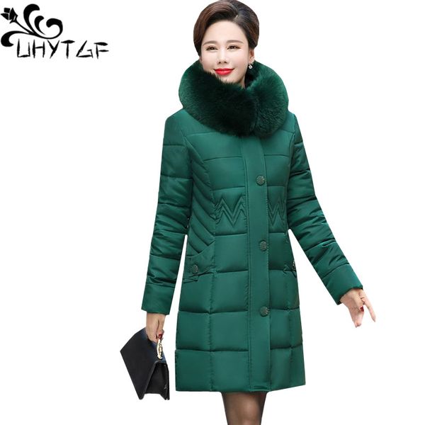 

uhytgf new winter jacket womens oversized down jacket slim warm coat fur collar hooded thicken parker cotton outerwear l-5xl1061, Black