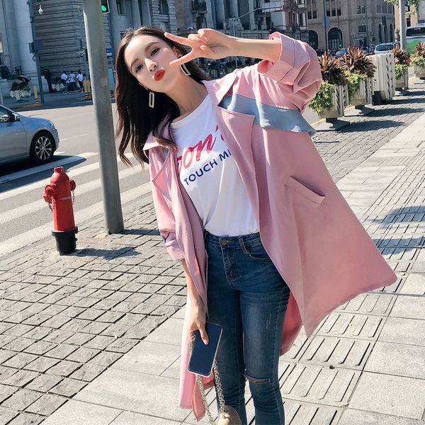 

2019 spring autumn new womens casual trench coat oversize vintage washed outwear loose clothing female pink windbreaker jacket, Tan;black