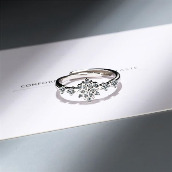

sole memory creative zircon snowflake flower fresh cute sweet 925 sterling silver female resizable opening rings sri365, Golden;silver