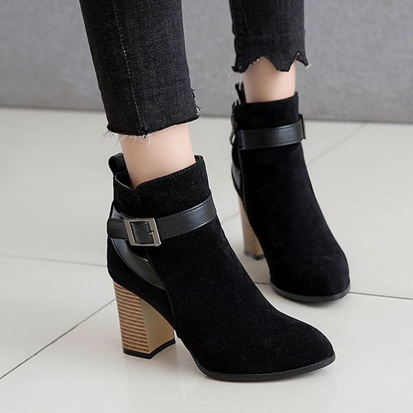 

women walking shoes ankle boots for women pointed toe zip ladies boots square high heels shoes buckle short plush winter, Black
