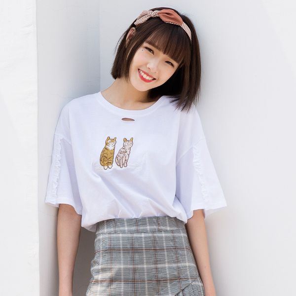 

2018 sumer women t shirt cat embroidery brand t-shirt casual loose short sleeve o neck female camisetas mujer, White