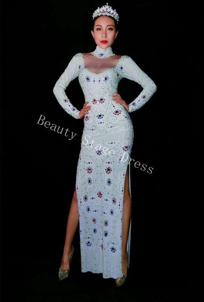 

glisten rhinestones long dress women's costume nightclub party celebrate outfit female singer performance white dresses, Black;red