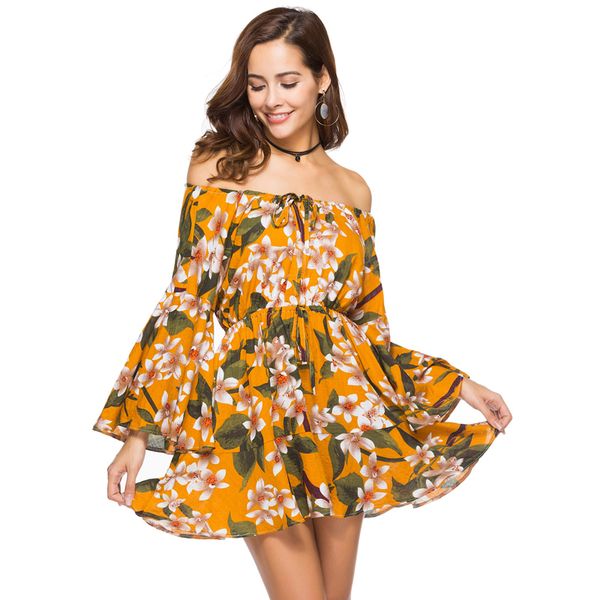 

boho mini dress summer beach party dress 2020 flower print off shoulder casual cover up beach robe courte, Black;gray