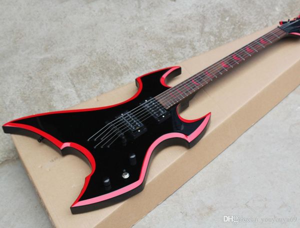 Wholesale Black Unusual Shape Electric Guitar with Hardware, Rosewood Fretboard, Red Binding, offering customized services