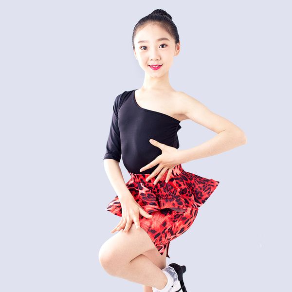 

girls latin dance dress kids rumba one sleeve practice clothes children tango/rumba competition performance dresses dql1308, Black;red