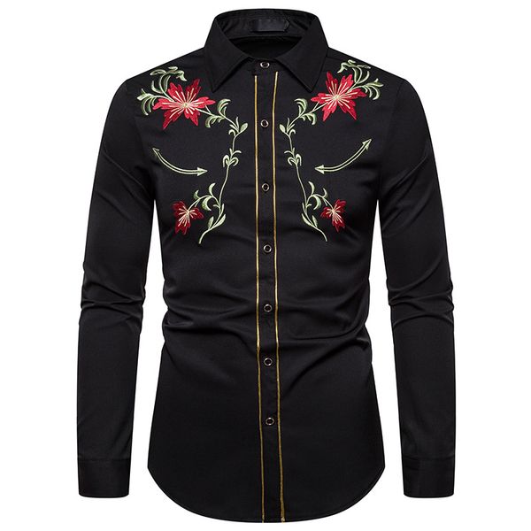 

men fashion embroidered shirt american west style shirts flower embroidery long sleeve shirt men shirts casual slim fit, White;black