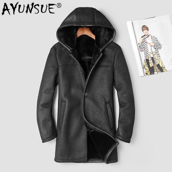 

ayunsue 2019 genuine leather jacket men winter coat hooded sheep shearling jacket man warm men's leather jackets 8087 kj2991, Black