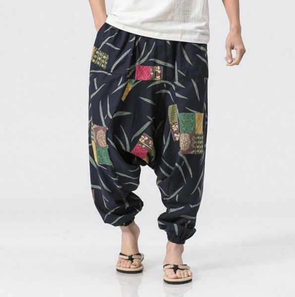 

mens printed casual loose harem pants hippie bohemian boho ankle length high waist pants baggy gypsy trousers, Black