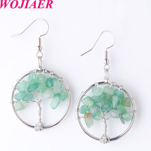 

wojiaer brand new tree of life women drop серьги круглый натуральный чип драгоценный камень зеленый авантюрин мотаться крюк серьги ювелирные, Silver
