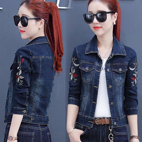 

womens embroidery demin jacket streetwear cool girls 2019 casual harajuku spring autumn turn down jeans coat kot ceket bayan, Black;brown