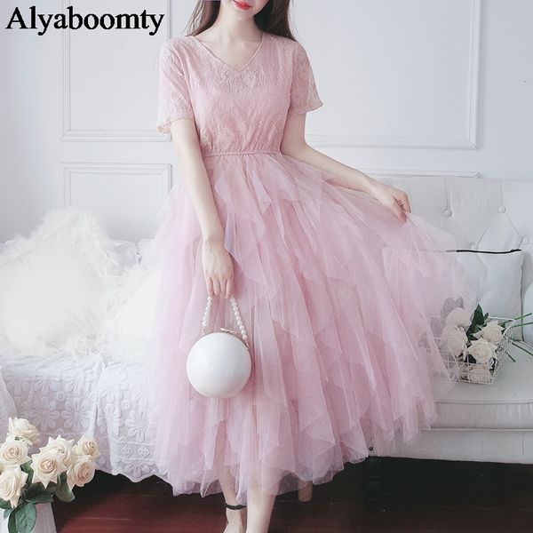 

new korean chic summer women long layered dress v neck pink lace tulle tiered dress elegant mesh romantic fairy party midi, Black;gray