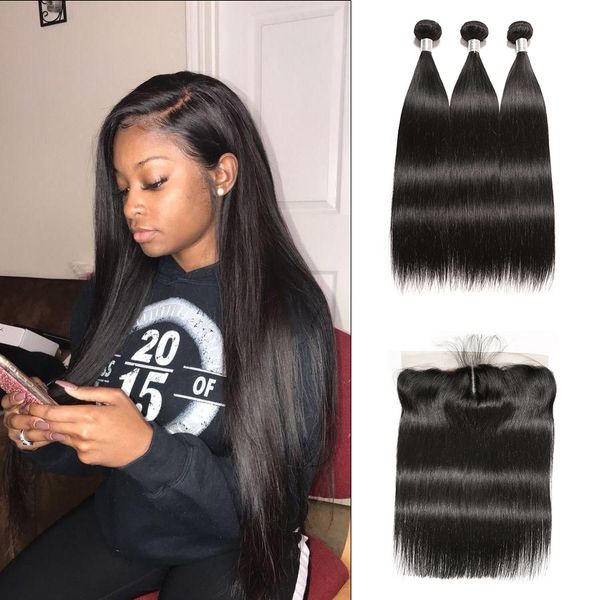 

сырой индийский волос пучки с фронтальным индийским прямыми волосами пучков с кружевом фронтальных девственницами прямых человеческих волосы, Black;brown