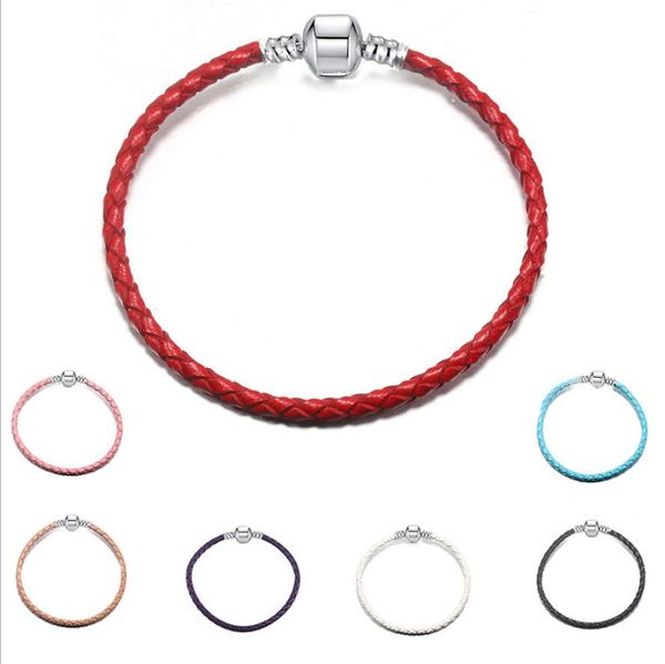 Pulseira de Couro de Cobra Encaixes Europeus Fecho de Metal 3MM Pulseiras de Corda Genuína para Homens Mulheres Venda Atacado