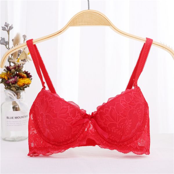 

big size lace thin cotton cups gather women bra small chest lace underwear bra 34-40 underwire super push up, Red;black