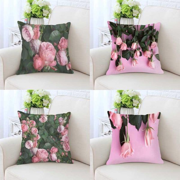 

small fresh pink flower cushion garden rose petals bouquet green leaves romantic london england plush pillow for home decoration