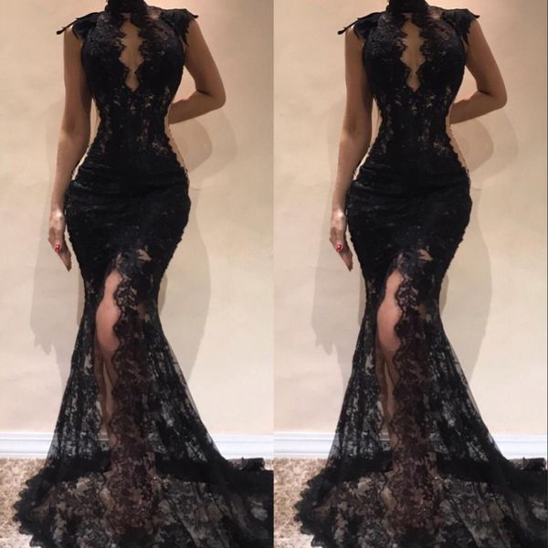 Sexy schwarze ärmellose Meerjungfrau-Abschlussball-Partykleider 2022 Stehkragen Split Side High Abendkleider Durchsichtiges Promi-Kleid mit voller Spitze