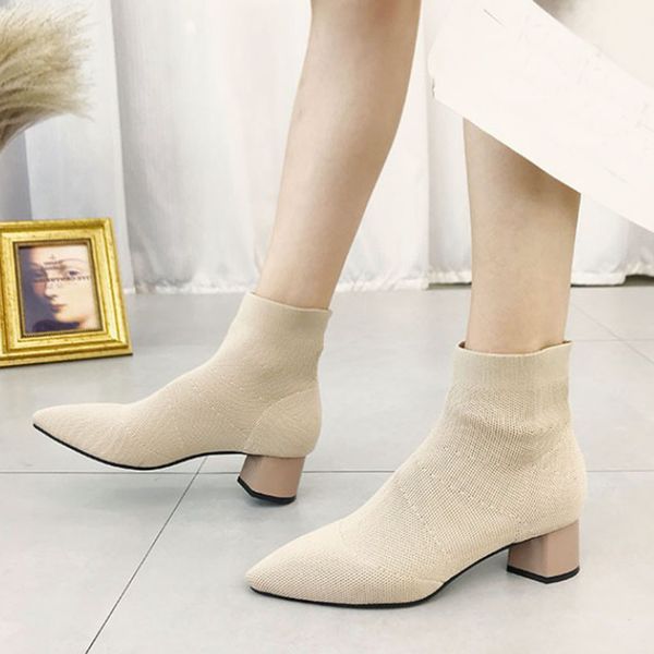

muqgew 2019 fashion ankle boots for women ladies fashion pointed toe lining short plush square heel knitting boots casual shoes, Black