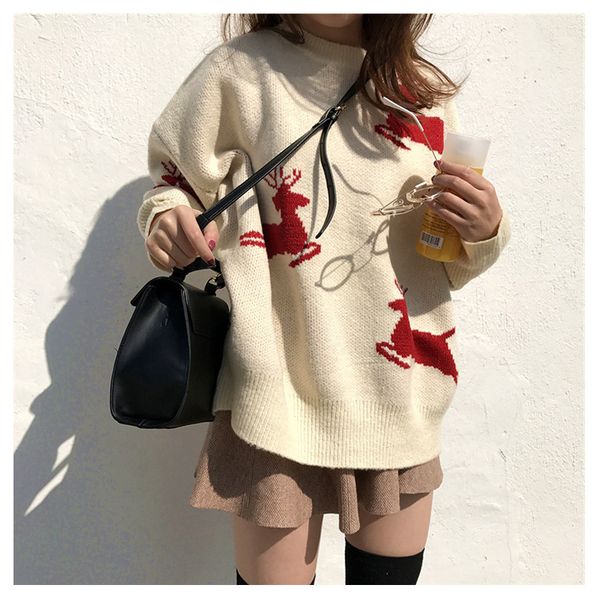

new korean loose christmas elk beige red pullover women sweater coat 2019 winter new sweater women thickened year clothing, White;black