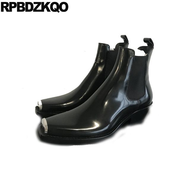 

fur autumn genuine leather square toe slip on 10 chunky metal big size winter british women ankle boots medium heel, Black