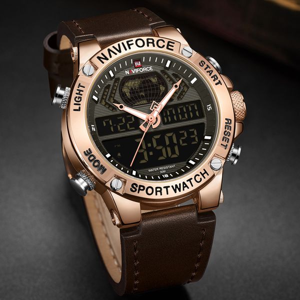

naviforce fashion business brand men watch leather analog digital sport quartz watch male luxury wrist relogio masculino, Slivery;brown
