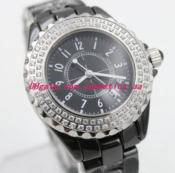 

2019 luxury popular sale 34mm quartz watch women diamond case black dial ceamic band female clock montre homme women watch, Slivery;brown