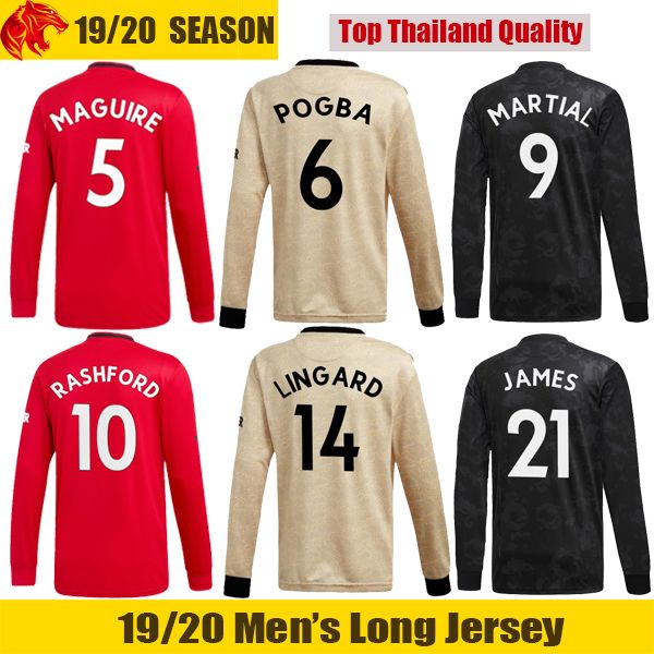 

19 20 manchester long sleeve soccer jerseys martial united 2019 2020 man utd lingard pogba long jersey james rashford long shirt and shorts, Black;yellow