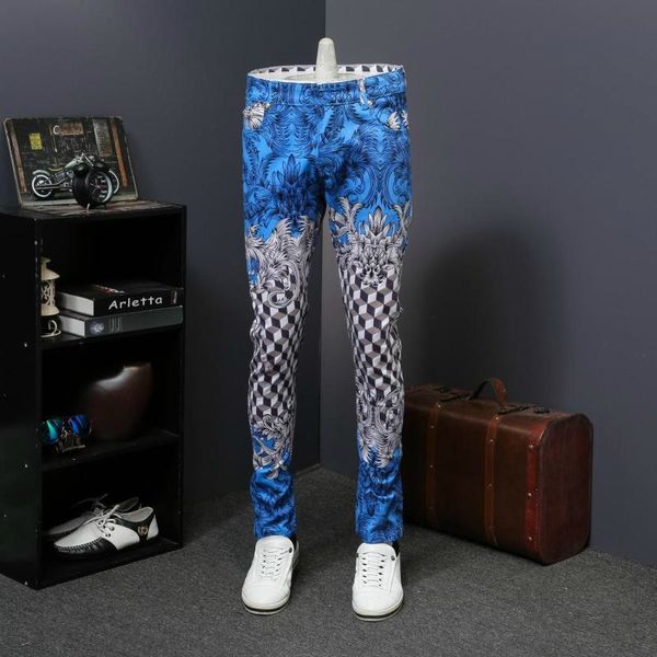 

2019new men pattern designer jeans denim pant men slim fit full length trousers royal printedjean, Blue
