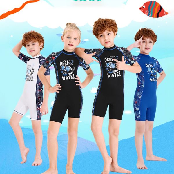 

kids one-piece swim siamese short sleeves warm swimsuit neoprene kids diving suit wetsuit children for boys girls, White