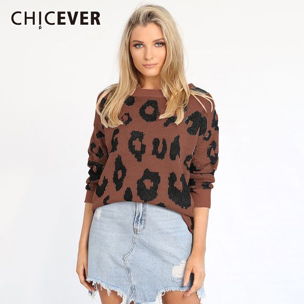 

chicever leopard sweater jumper women lantern sleeve o neck fashion new autumn slim pullover clothes sweaters female 2019 casual, White;black
