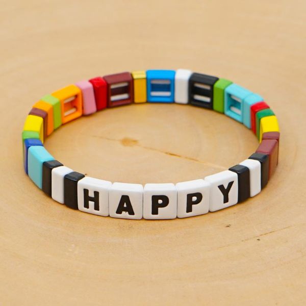 

shinus bracelet enamel tile bracelets for women armbanden bohemian rainbow happy letter boho jewelry stretch pulsera mujer moda, Black