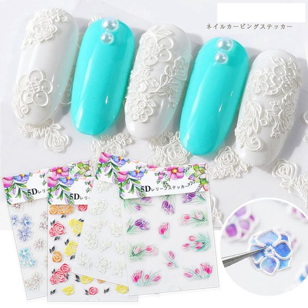 

5d nail art sticker acrylic engraved flower nail sticker self-adhesive rose embossed diy nail art decoration accessories tool rra2347, Black