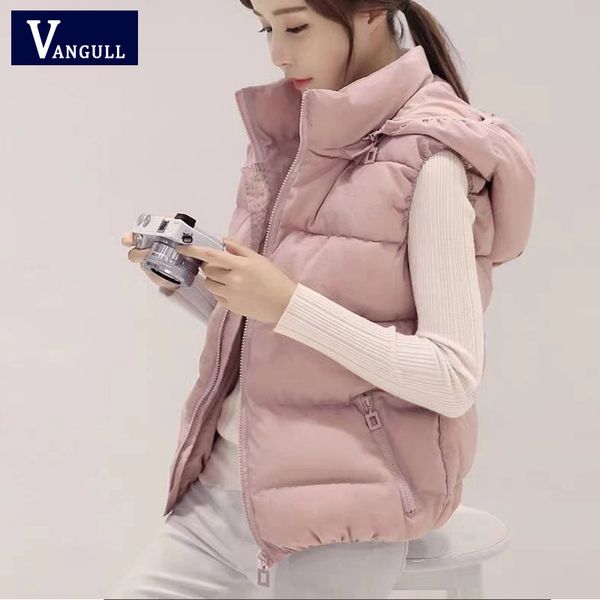 

vangull women hooded vest new winter autum female warm solid thick cotton casual waistcoat plus size jacket with removable hat, Black;white