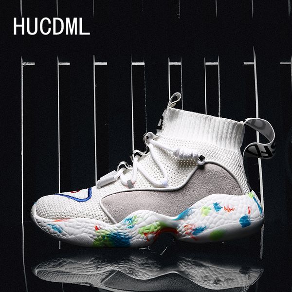 

hucdml new shoes men platform sneakers black white casual sock shoes breathable trainers high couple