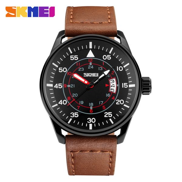 

skmei men quartz watches 50m waterproof genuine leather wristwatches man relogio masculino fashion casual watch 9113, Slivery;brown