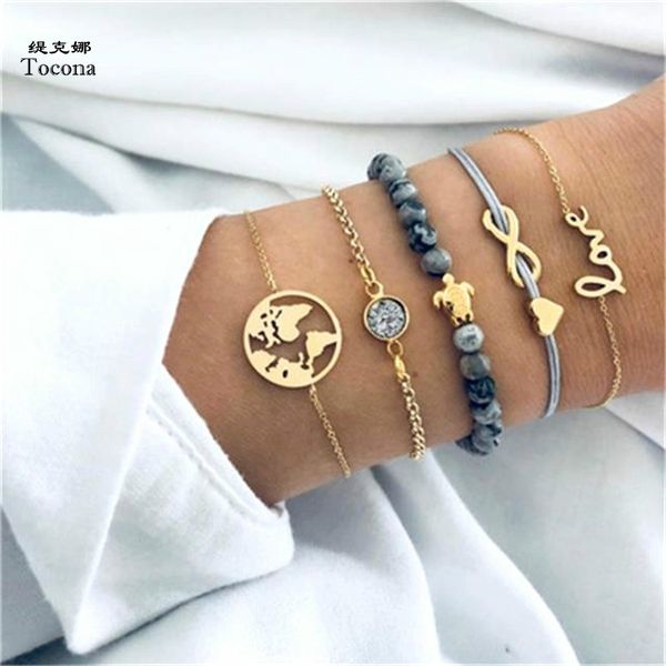 

tocona 5pcs/set bohemia map turtle heart letter infinity charm chain bracelets set gold bangle jewelry for women 6536, Black